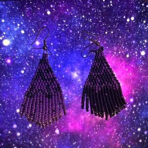 Handcrafted Purple Beaded Fringe Earrings with Fishhook Wires